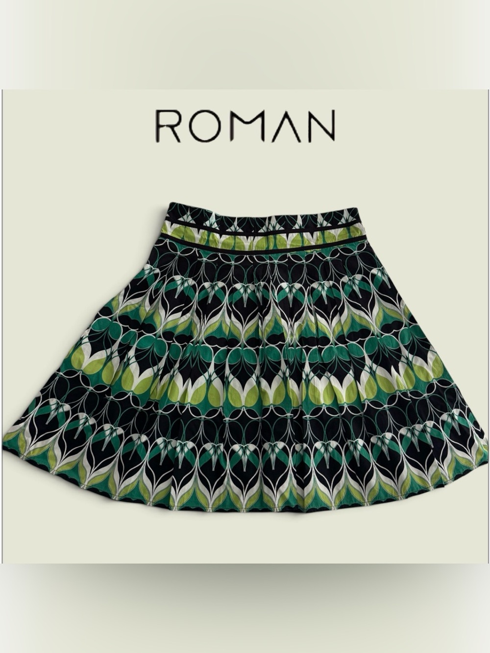 ROMAN Women’s Green & Black Botanical Art Deco Print Flared Pleated Skirt - Picture 4 of 6